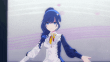 a girl with blue hair and a yellow bow on her neck