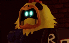 a cartoon chicken is screaming in front of a sign that says r