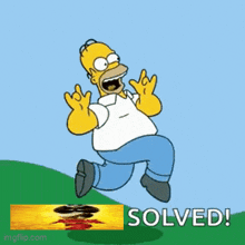 a cartoon of homer simpson jumping in the air with the word solved behind him