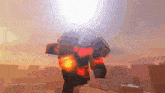 a video game character is flying through the air with a glowing light behind him