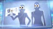 two cartoon characters are standing next to each other and one is holding a piece of paper