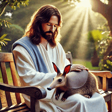 jesus sitting on a bench petting an armadillo