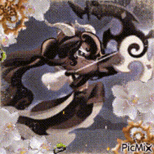 a cartoon character is surrounded by flowers and a swirl .