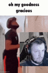 a man with a beard and headphones is standing next to another man with a beard and headphones .