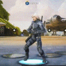 a video game character is standing in front of a plane