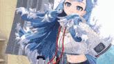a blue haired anime girl is standing in a room with a suitcase .