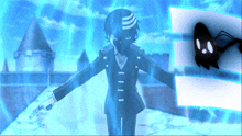a man in a suit is standing in front of a castle and holding a gun