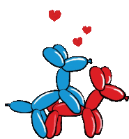 a blue and red balloon dog are riding on a red balloon dog