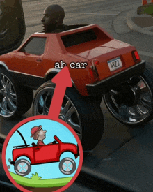 a red car with a license plate that says ny27 on it