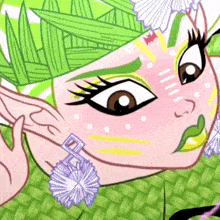 a cartoon drawing of a girl with green hair and purple earrings