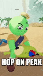 a cartoon character is holding a stuffed animal with the words hop on peak written below it