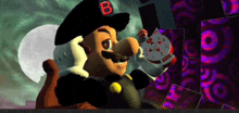 a cartoon character wearing a hat with a letter b on it