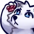 a cartoon of a white cat with blue eyes and a red paw on its head .