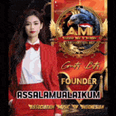 a woman in a red suit and bow tie is the founder of ami