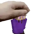a pixel art of a person in a purple hoodie being held by a hand .