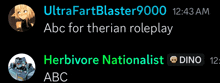 a screenshot of a conversation between ultrafartblaster 9000 and herbivore nationalist