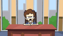 a cartoon character sits at a desk with his hands folded in front of him