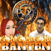 a man and a woman are standing in front of a logo that says banten