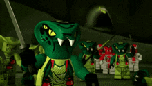 a group of lego ninjago characters including a green snake with yellow eyes