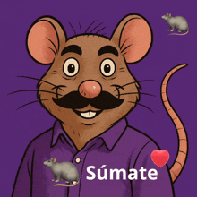 a cartoon mouse with a mustache is wearing a purple shirt and has the word sumate above him