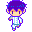 a pixel art drawing of a boy with purple hair and a blue shirt .