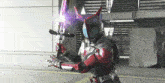 a person in a masked rider costume is holding a purple sword