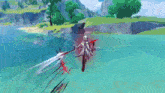 a person is holding a sword in a video game while swimming in the water .