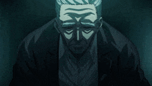 a close up of a man 's face with a serious look on his face