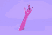 a pink hand is reaching out towards a rose on a purple background