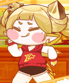 a cartoon drawing of a girl wearing a red shirt with a yellow star on it