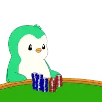 a penguin is playing poker with stacks of chips on the table