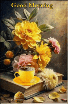 a yellow cup of coffee sits on a saucer on top of a book surrounded by yellow flowers