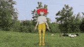 a cartoon of a girl with red hair standing in a grassy field