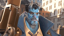 a cartoon character with horns and glasses is holding a gun