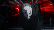 a cartoon of a robot holding a sword and a mask