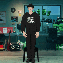 a man wearing a black hoodie stands in front of a room with balloons that say 107 amin