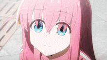 a girl with pink hair and blue eyes looks up at something
