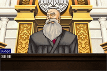 a judge with a beard is standing in front of a podium with a blue button that says judge gee