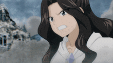 a woman with long dark hair and a white shirt has a very angry expression on her face