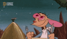 a cartoon character holding a knife and fork with comedy central written on the bottom