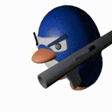 a blue and white penguin is holding a magnifying glass around its neck