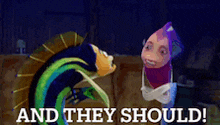 two cartoon fish are standing next to each other and they should !