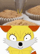 a cartoon of a yellow fox next to cupcakes in a cup