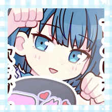 a drawing of a girl with blue hair and a sticker that says ' i love you '