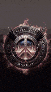 a metalieur base 14 emblem with a peace sign in the center