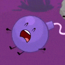 a purple bomb with a spoon in its mouth is screaming .