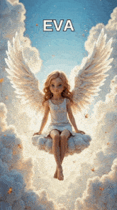 a little girl with angel wings is sitting on a cloud with the name eva written above her