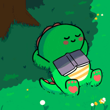 a cartoon of a dinosaur reading a book