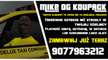 a poster for mike og koupack shows a man sitting in a yellow taxi