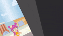 a cartoon girl with pink hair and a flower in her hair is standing in front of a building